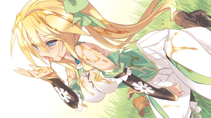 1girl agarest_senki_(series) blade_(galaxist) blonde_hair blue_eyes blush boots breasts brooch brown_boots detached_sleeves dutch_angle game_cg grass jewelry jiolet kneeling large_breasts licking long_hair non-web_source official_art open_mouth photoshop_(medium) pleated_skirt skirt solo tongue tongue_out