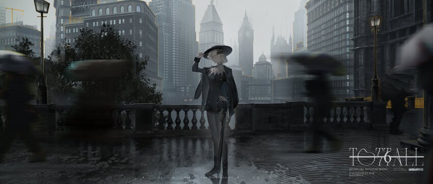 1girl absurdres adjusting_clothes adjusting_headwear black_footwear black_jacket black_pantyhose blender_(medium) braid bridge building cityscape clock clock_tower half_up_braid high_heels highres jacket jacket_on_shoulders long_sleeves motion_blur original pantyhose parted_lips people photoshop_(medium) railing rain short_hair solo_focus standing tmt tower tree umbrella white_eyes white_hair wide_shot