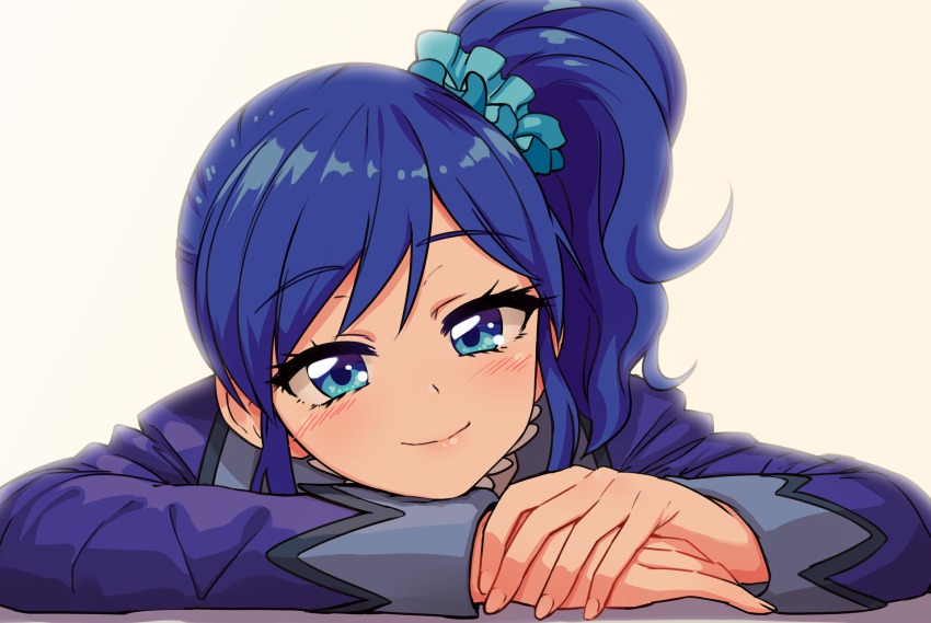 10s 1girl aikatsu! aikatsu!_(series) bad_id bad_pixiv_id blue_eyes blue_hair blush female_focus head_rest high_side_ponytail highres kiriya_aoi kurinton long_hair looking_at_viewer matching_hair/eyes omaru_gyuunyuu side_ponytail smile solo