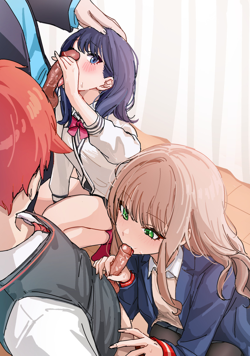 2boys 2girls absurdres asanaka_yomogi black_jacket black_pantyhose blazer blue_eyes blue_hair blue_hoodie blue_jacket brown_cardigan brown_hair cardigan commentary_request fellatio glans_licking glansjob green_eyes grey_sweater_vest gridman_universe hibiki_yuuta highres hood hoodie jacket long_sleeves looking_at_another minami_yume multiple_boys multiple_girls open_clothes open_jacket oral pantyhose penis red_hair squatting ssss.dynazenon ssss.gridman sweat sweater_vest takarada_rikka taotao thighs tongue tongue_out uncensored white_jacket