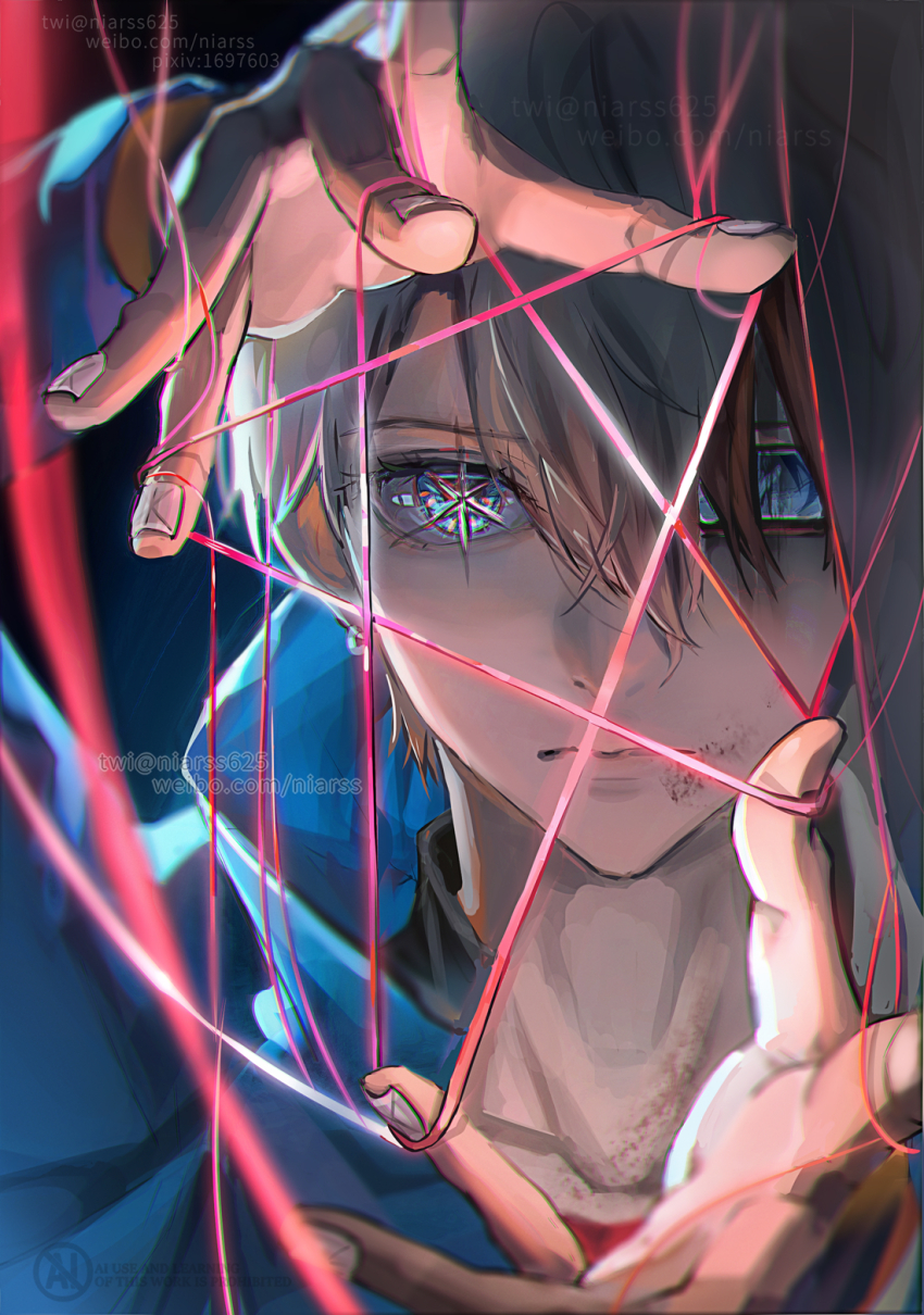 1boy arm_up blonde_hair blue_eyes blue_hoodie closed_mouth commentary fingernails hair_between_eyes hand_up highres hood hoodie hoshino_aquamarine long_sleeves male_focus niarss oshi_no_ko short_hair solo star-shaped_pupils star_(symbol) symbol-shaped_pupils thread upper_body