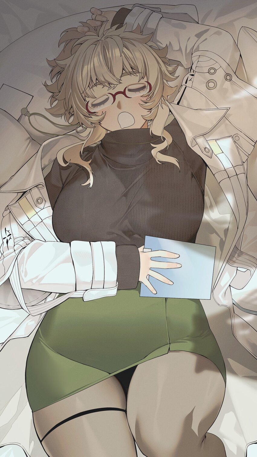 1girl abe_(nikke) arm_up black_sweater blonde_hair blush breasts brown_pantyhose closed_eyes coat drooling facing_viewer feet_out_of_frame from_above goddess_of_victory:_nikke green_skirt highres lab_coat lanyard large_breasts long_sleeves lying medium_hair miniskirt mouth_drool on_back open_clothes open_coat open_mouth pantyhose pencil_skirt red-framed_eyewear ribbed_sweater semi-rimless_eyewear shishamo_712 sidelocks skirt sleeping solo sweater sweater_tucked_in thigh_strap turtleneck turtleneck_sweater white_coat