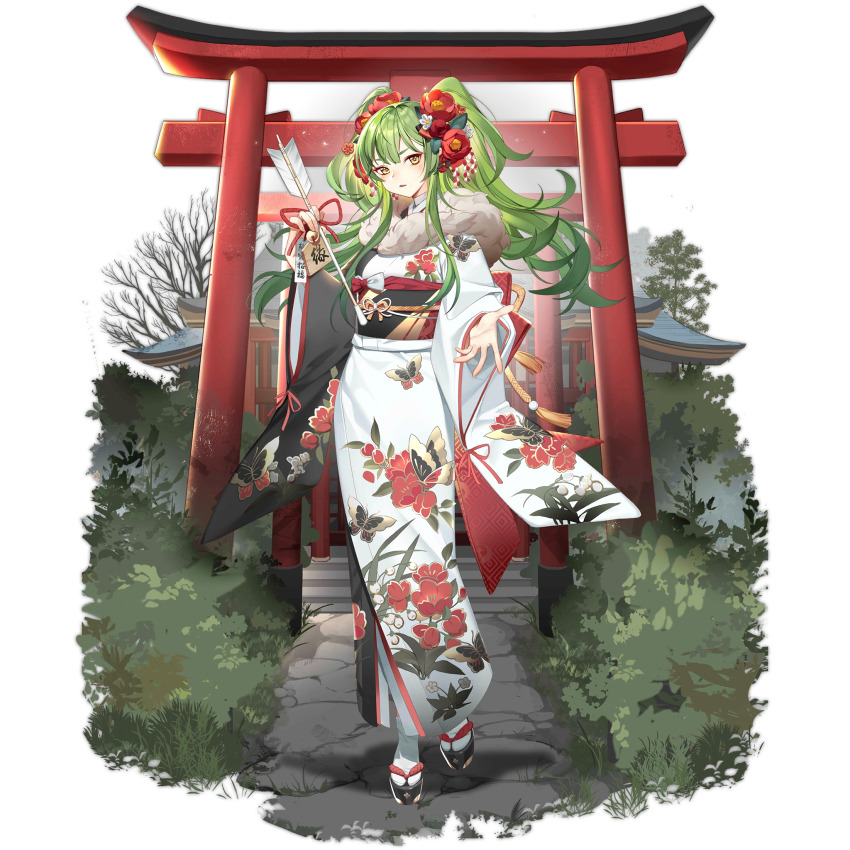 1girl animal_print arrow_(projectile) bahao_diqiu bare_tree butterfly_print ema floral_print flower flower_request foliage full_body fur-trimmed_kimono fur_trim girls&#039;_frontline green_hair hair_flower hair_ornament hamaya highres holding holding_arrow japanese_clothes kimono light_blush long_hair looking_at_viewer m950a_(girls&#039;_frontline) m950a_(the_elegance_of_tea_is_undefeated_by_the_snow)_(girls&#039;_frontline) multiple_torii new_year obi official_alternate_costume official_art okobo outdoors outstretched_hand parted_lips path platform_sandals road sandals sash shrine socks solo stairs standing standing_on_one_leg tabi torii transparent_background tree twintails white_kimono white_socks yellow_eyes