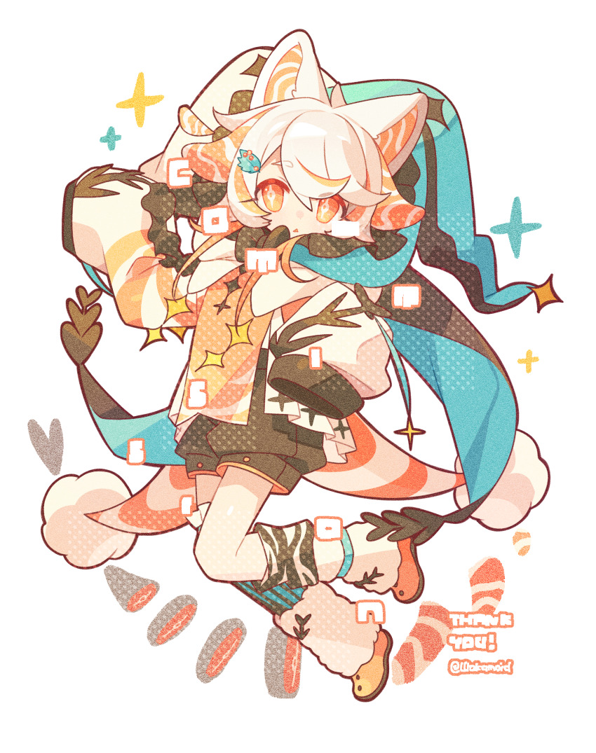 1girl absurdres animal_ears asymmetrical_legwear black_shorts blue_hat blue_thighhighs cat_ears cat_girl child commission film_grain full_body hair_between_eyes hand_up hat highres jacket long_sleeves meimei_(wakamoid) mismatched_legwear multicolored_hair open_mouth orange_eyes orange_hair orange_shoes original parted_bangs shoes short_hair shorts simple_background single_sock single_thighhigh sleeves_past_fingers sleeves_past_wrists socks solo sparkle striped_clothes striped_thighhighs thank_you thighhighs twitter_username two-tone_hair uneven_legwear vertical-striped_clothes vertical-striped_thighhighs watermark white_background white_jacket white_socks