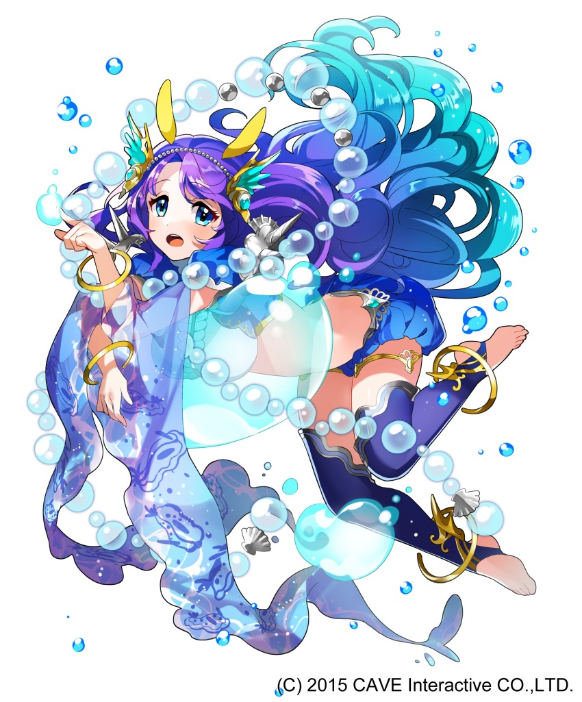1girl :o absurdly_long_hair absurdres air_bubble anklet bangle blue_eyes blue_footwear blue_hair blue_legwear bracelet bubble coral_hair_ornament female_focus gothic_wa_mahou_otome gradient_hair hand_up highres jewelry long_hair looking_at_viewer masyu_yuyu midriff multicolored_hair official_art purple_hair seashell see-through_clothes shell silk solo very_long_hair watermark
