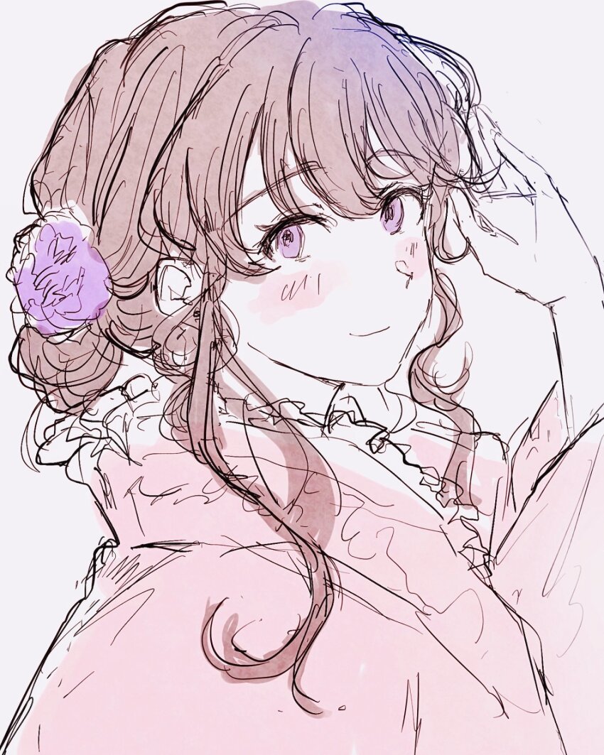 1girl blush brown_hair closed_mouth frilled_kimono frills fujishima_megumi hair_bun highres japanese_clothes kimono link!_like!_love_live! long_sleeves looking_at_viewer love_live! pink_kimono purple_eyes short_hair_with_long_locks sidelocks single_hair_bun sketch smile solo virtual_youtuber yam5565