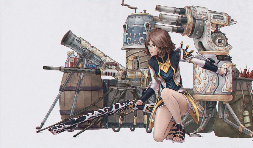 1girl arm_armor armor belt brown_eyes brown_hair collar dagger dark-skinned_female dark_skin dynamite explosive female_focus glasses gloves guild_wars_(series) guild_wars_1 guild_wars_2 gun hip_focus knife potion rifle sandals short_hair shoulder_armor simple_background skirt solo thighs turret weapon yara_kami_meiosei yellow-framed_eyewear yellow_theme