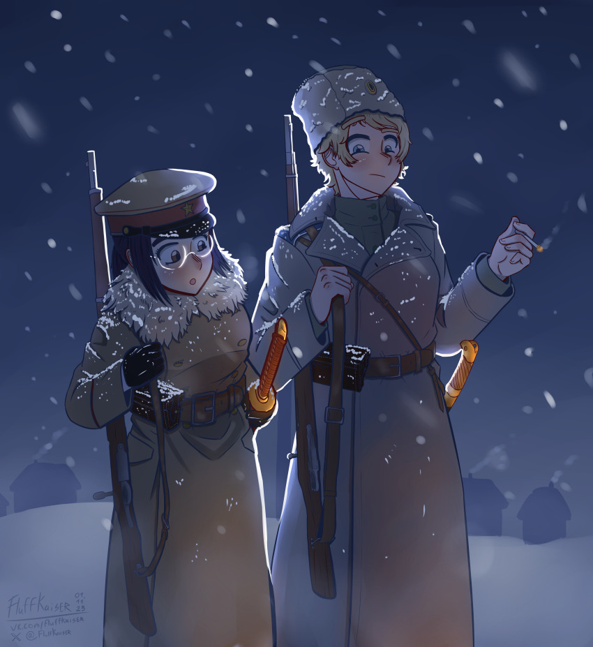 2girls :o absurdres ammunition_pouch arisaka artist_name asano_brigade belt belt_buckle black_gloves black_hair blonde_hair blue_eyes blush bolt_action brown_belt brown_coat brown_eyes buckle button-down_collar buttons cigarette coat dated double-breasted fluffkaiser frown fur_collar fur_hat glasses gloves gold_buttons greatcoat green_jacket gun gun_sling hat high_collar highres holding holding_cigarette holding_gun holding_sword holding_weapon imperial_japanese_army jacket katana lapels leather_belt looking_at_another military military_uniform mosin-nagant multiple_girls night notched_lapels original outdoors peaked_cap ponytail pouch purple_hair rifle round_eyewear russia russian_civil_war sam_browne_belt scabbard shashka sheath sheathed short_hair sidelocks signature snow snow_on_clothes snow_on_head snow_on_headwear snowing soldier star_(symbol) sword sword_comparison ushanka vk_username weapon weapon_comparison white_army white_army winter winter_clothes winter_uniform