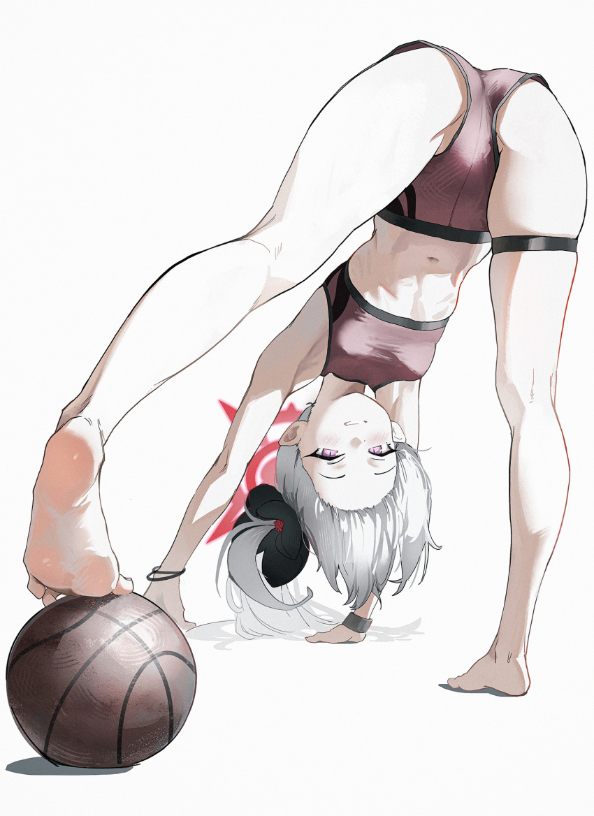 1girl all_fours alternate_costume armpits ass ball bare_legs barefoot basketball basketball_(object) black_flower blue_archive blush breasts feet flower forehead from_behind full_body grey_hair grin hair_flower hair_ornament half-closed_eyes halo highres kiqusha legs loli long_hair looking_at_viewer mutsuki_(blue_archive) navel pink_eyes pointy_ears red_halo shorts side_ponytail simple_background slit_pupils small_breasts smile soles solo sports_bra sportswear stomach thigh_strap thighs toenail toenails toes toned_stomach white_background wristband