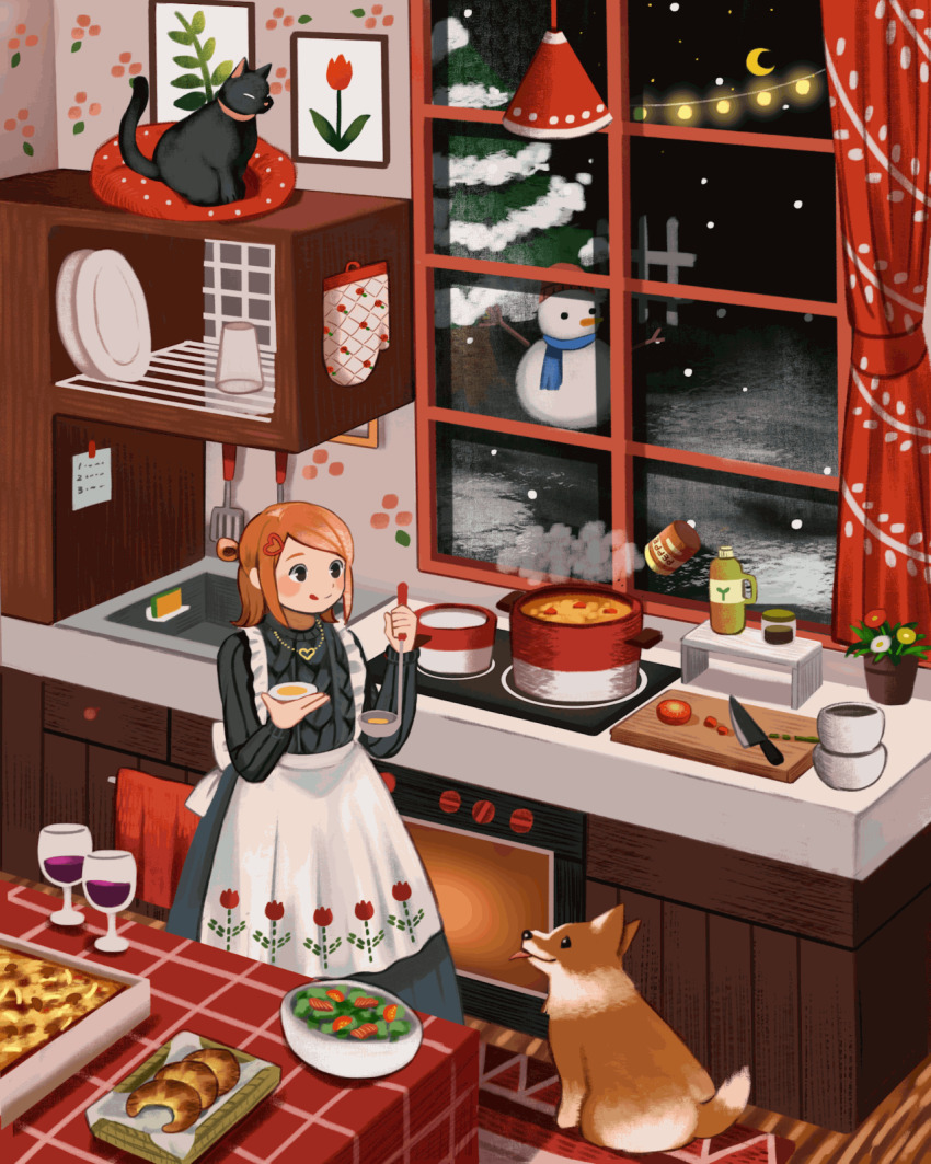 1girl :q animal animated animated_gif apron black_cat black_dress black_eyes blinking boiling bottle bowl brown_hair cabinet cat commentary cooking counter crescent_moon croissant cup cupboard curtains cushion cutting_board dated_commentary dog dress drinking_glass english_commentary fence floating floral_print food hair_ornament hairclip heart heart_hair_ornament heart_necklace highres holding indoors kitchen kitchen_knife ladle levitation magic mittens mituhati moon necklace night original painting_(object) pie pine_tree plant polka_dot pot potted_plant print_apron rug salad salad_bowl salt_shaker sauce sink smile snowing snowman soup spatula standing steam sticky_note stove string_of_light_bulbs tail tail_wagging tasting tomato tongue tongue_out tree twintails wallpaper_(object) white_apron window wine_glass wooden_floor