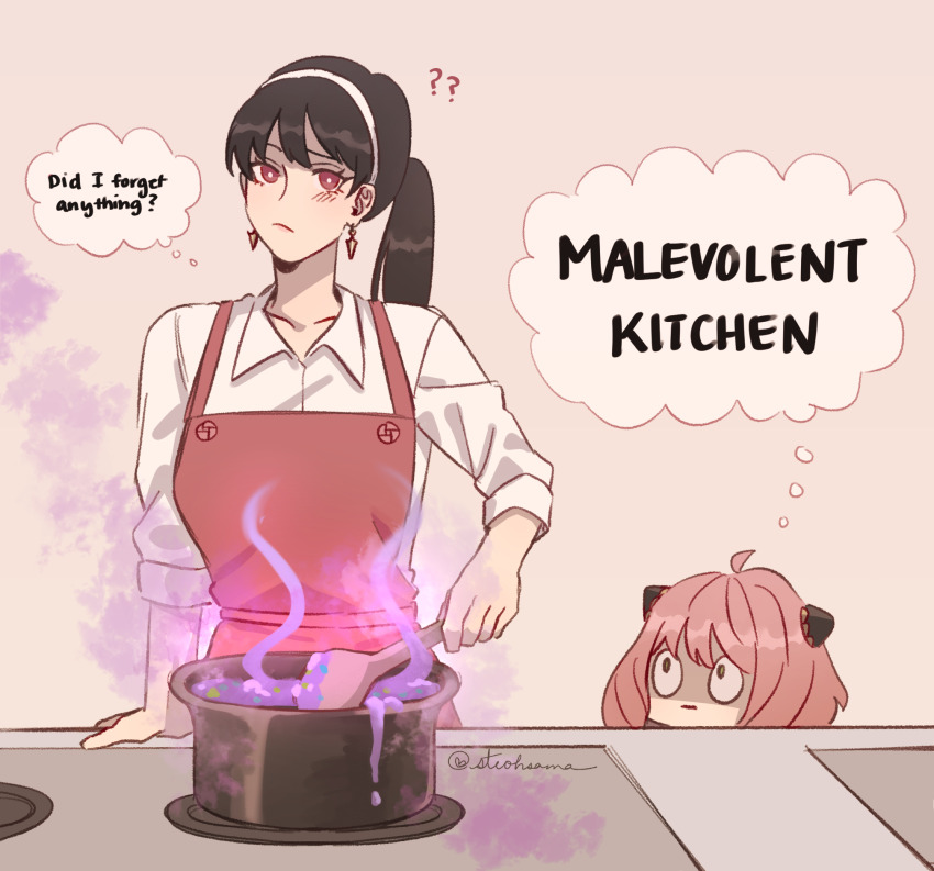 2girls ? ?? anya_(spy_x_family) apron bad_food black_hair breasts commentary earrings english_commentary english_text frown hairband hairpods highres holding holding_spoon jewelry large_breasts mother_and_daughter multiple_girls pink_hair ponytail red_apron red_eyes shaded_face shirt signature sleeves_rolled_up speech_bubble spoon spy_x_family steohsama stove thought_bubble white_hairband white_shirt wooden_spoon yor_briar
