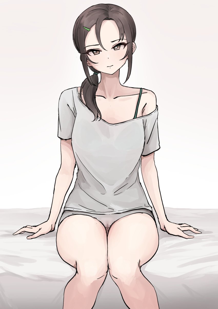 absurdres aoki_kei arm_support bed_sheet black_hair cameltoe collarbone expressionless feet_out_of_frame grey_panties grey_shirt hair_over_shoulder head_tilt highres idolmaster idolmaster_cinderella_girls knees_together_feet_apart looking_at_viewer no_pants panties aoki_kei shirt side_ponytail single_bare_shoulder sitting trainer_(idolmaster) underwear ushimochi