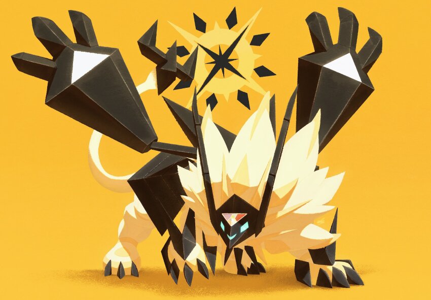 animal_nose black_claws black_gemstone black_helmet black_mask blue_eyes claws crystal ewokakukaede fake_horns gem gen_7_pokemon glowing glowing_eyes helmet highres horned_helmet horned_mask horns legendary_pokemon lion mane mask necrozma necrozma_(dusk_mane) nintendo no_humans pokemon pokemon_(creature) pokemon_focus solo sparkle star_(symbol) sun_symbol tail triangle yellow_background