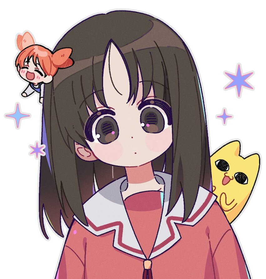 &lt;o&gt;_&lt;o&gt; 2girls :3 :d azumanga_daioh&#039;s_school_uniform azumanga_daiou brown_hair closed_eyes closed_mouth grey_outline highres kasuga_ayumu looking_at_viewer medium_hair mihama_chiyo mihama_chiyo&#039;s_father mini_person minigirl multiple_girls open_mouth orange_hair outline parted_bangs red_shirt sailor_collar school_uniform shirt short_hair short_twintails simple_background smile twintails upper_body white_background white_sailor_collar yalmyu