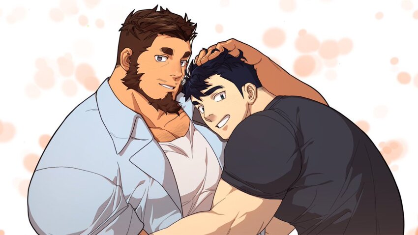 2boys bara beard black_hair black_shirt black_tank_top brown_hair collared_shirt facial_hair hug large_pectorals looking_at_viewer male_focus multiple_boys muscular muscular_male official_art oji-mama_(skskdan) pectorals shirt short_hair simple_background sisimaru_hoshiura smile souichi_hoshiura tank_top ttn_(239_239) white_shirt yaoi