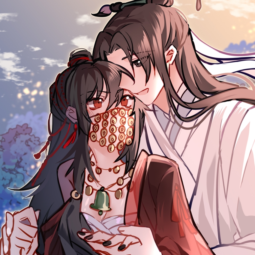 1boy 1girl alternate_costume artist_request bell black_dress black_hair black_nails blush brown_hair chest_sarashi chinese_clothes chinese_commentary cloud cloudy_sky coin coin_(ornament) commission couple covered_mouth dao_gui_yi_xian dress earrings flower genderswap genderswap_(mtf) hair_bun hair_ornament hair_ribbon hair_stick hanfu hetero highres holding_hands holed_coin hug hug_from_behind jewelry li_huowang long_hair long_sleeves looking_at_another mask mouth_veil nail_polish neck_bell necklace open_mouth outdoors paintbrush_hair_ornament red_eyes red_robe ribbon robe sarashi second-party_source see-through_clothes single_hair_bun sky smile tassel tassel_earrings tree upper_body veil white_hanfu white_ribbon zhuge_yuan