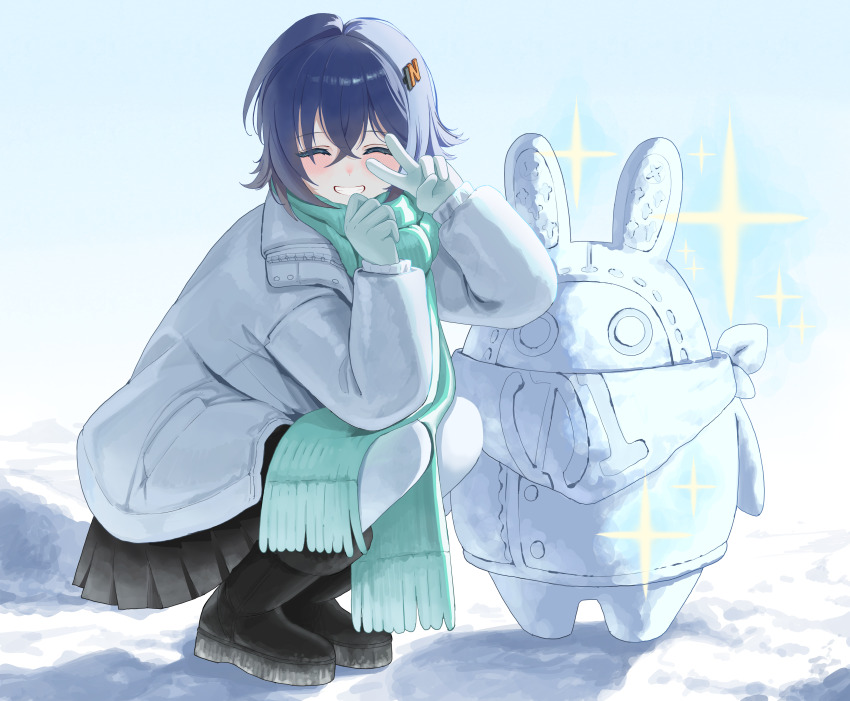 1girl 4meart0112 ^_^ absurdres bangboo_(zenless_zone_zero) belle_(zenless_zone_zero) black_boots black_skirt blue_hair blush boots character_snowman closed_eyes coat commentary eous_(zenless_zone_zero) gloves hair_ornament highres jacket scarf skirt smile snow snowman sparkle squatting v white_gloves white_jacket winter zenless_zone_zero