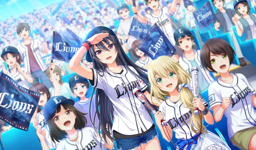alternate_hairstyle baseball_cap baseball_stadium baseball_uniform black_hair black_undershirt blonde_hair blue_hat blue_shorts blurry cinderella_series commentary_request depth_of_field dutch_angle flag game_cg green_eyes hachigatsu_no_cinderella_nine hair_between_eyes hand_on_own_forehead hat highres holding holding_flag light_rays long_hair looking_up low_side_ponytail multiple_boys multiple_girls nippon_professional_baseball non-web_source nozaki_yuuki official_art open_mouth red_eyes saitama_seibu_lions shinonome_ryo shirt shirt_under_shirt short_hair short_sleeves shorts sidelocks sitting sportswear standing sunbeam sunlight very_long_hair watch white_shirt wristwatch