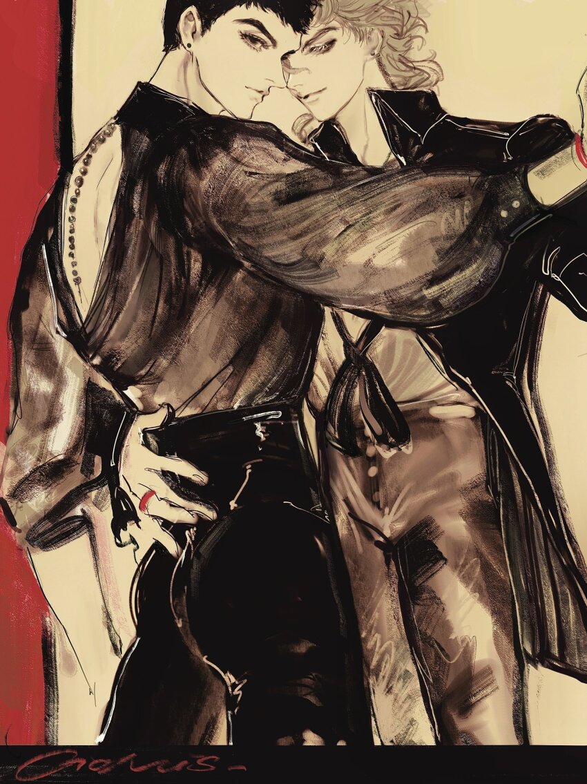 2boys a_io_u arm_around_waist ass black_hair black_jacket black_pants couple cowboy_shot curly_hair earrings giorno_giovanna grey_pants guido_mista hair_between_eyes half-closed_eyes highres jacket jewelry jojo_no_kimyou_na_bouken long_sleeves male_focus medium_hair multiple_boys pants puffy_long_sleeves puffy_sleeves ring short_hair sketch vento_aureo yaoi