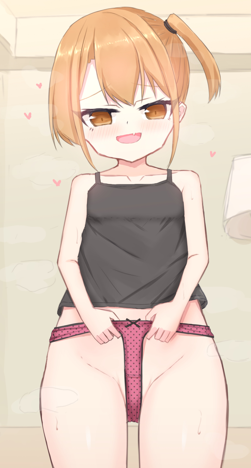 1girl absurdres black_bow black_shirt blush bow bow_panties brown_eyes brown_hair collarbone crotch_seam fang flat_chest heart highres lamp loli looking_at_viewer open_mouth original panties pink_panties polka_dot polka_dot_panties ponytail self_wedgie shirt shooko short_hair side_ponytail smile standing steam sweat tank_top underwear wedgie