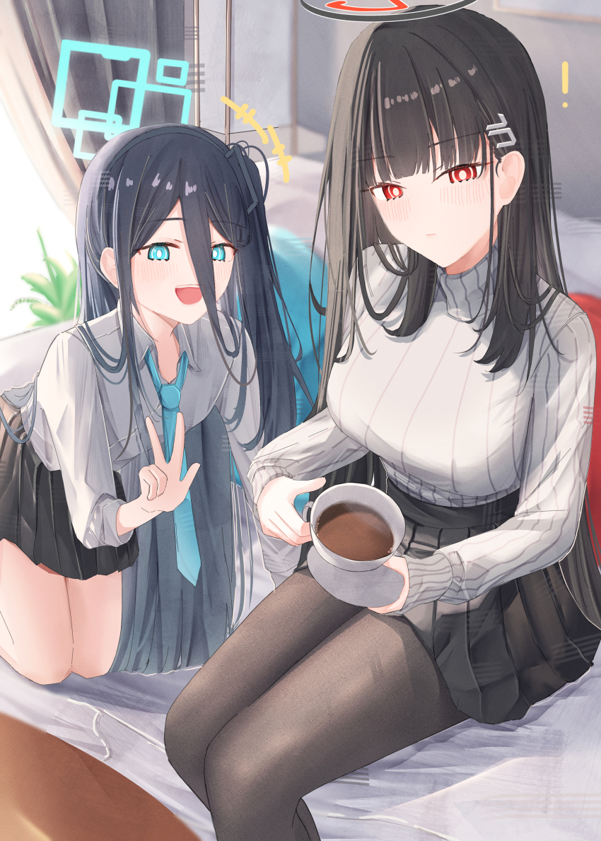 ! 2girls :d absurdres aris_(blue_archive) black_hair black_pantyhose blue_archive blue_eyes blunt_bangs blush cup hair_between_eyes hair_ornament hairclip halo highres holding holding_cup holding_saucer kneeling leonardo_566 long_hair looking_at_viewer multiple_girls necktie open_mouth pantyhose pleated_skirt red_eyes rio_(blue_archive) saucer sitting skirt smile sweater turtleneck turtleneck_sweater w