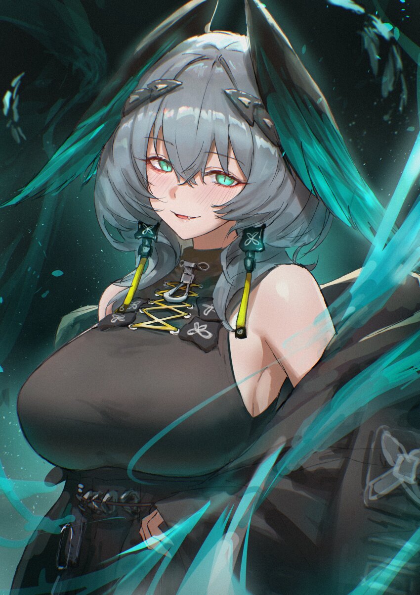 1girl absurdres aqua_background aqua_eyes aqua_wings arknights bare_shoulders black_background black_coat black_shirt black_wings blush breasts coat earrings fang gradient_wings grey_hair hair_between_eyes head_wings highres ho&#039;olheyak_(arknights) ho&#039;olheyak_(ritual_of_immortality)_(arknights) huge_breasts jewelry long_hair looking_at_viewer multicolored_wings off_shoulder official_alternate_costume open_clothes open_coat parted_lips shirt simple_background sleeveless sleeveless_shirt two-tone_wings uof upper_body wings