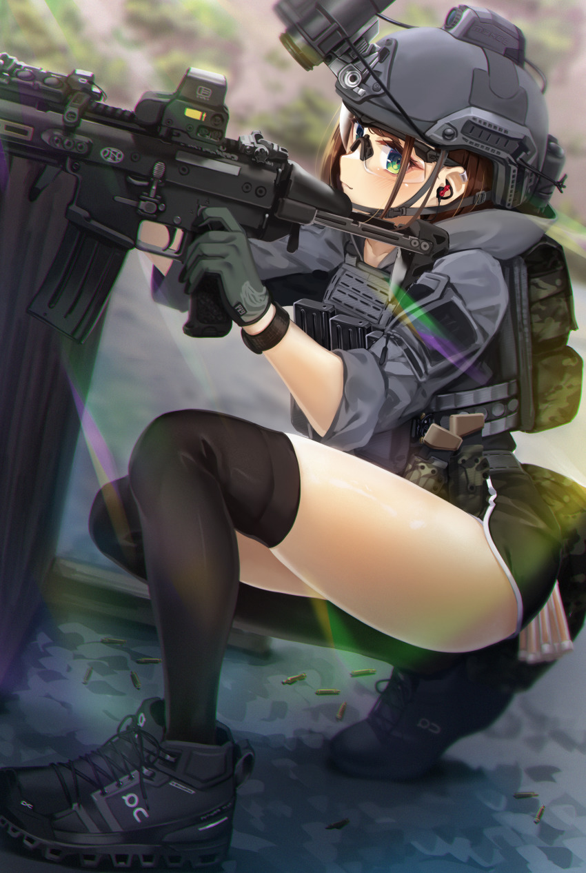 1girl absurdres assault_rifle behind_cover black_thighhighs ear_protection enpera_(jdud8375) fn_scar fn_scar_16 from_side gloves green_eyes gun helmet highres holding holding_gun holding_weapon left-handed lens_flare night-vision_device original outdoors rifle safety_glasses short_shorts shorts skindentation solo tactical_clothes thighhighs watch weapon wristwatch