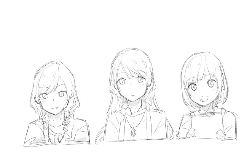 3girls bang_dream! bow collarbone hair_bow hazawa_tsugumi highres hikawa_hina hikawa_sayo holding jacket jewelry looking_at_viewer multiple_girls necklace open_mouth shirt simple_background zgok1uy8amciwae