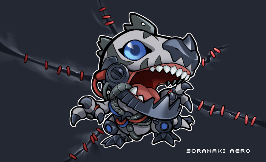 blue_eyes claws digimon digimon_(creature) metaltyranomon open_mouth sharp_teeth solo tail teeth