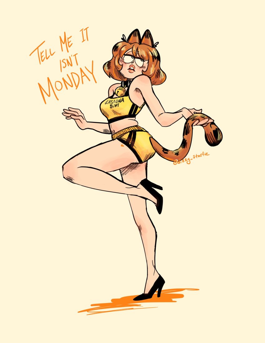 1girl animal_ears artist_name bare_shoulders bell black_collar black_hair black_shoes breasts cat_ears cat_girl cat_tail clothes_writing collar commentary dizzy_starfie english_commentary english_text eyeshadow from_side full_body garfield garfield_(character) heart heart_tattoo high_heels highres holding_own_tail jingle_bell leg_tattoo leg_up legs looking_away makeup midriff multicolored_hair navel neck_bell orange_hair parted_lips pumps shoes short_hair solo sports_bra standing standing_on_one_leg stiletto_heels tail tattoo teeth two-tone_hair upper_teeth_only yellow_background yellow_sports_bra