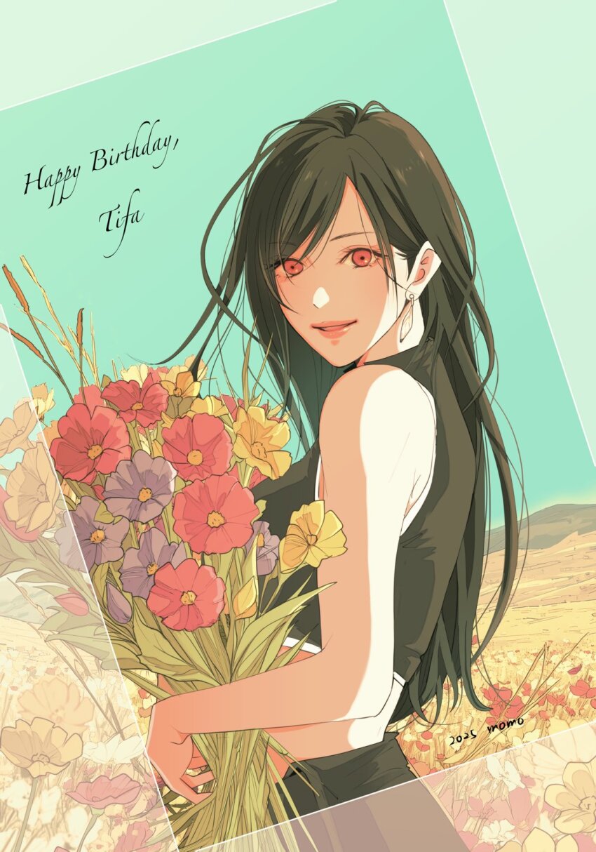 1girl bare_arms bare_shoulders birthday black_hair black_vest blue_sky bouquet character_name commentary_request crop_top earrings field final_fantasy final_fantasy_vii final_fantasy_vii_advent_children flower flower_field from_side hair_behind_ear happy_birthday highres holding holding_bouquet holding_flower jewelry lips long_hair looking_at_viewer looking_to_the_side midriff mixmomo_yah outdoors parted_lips pink_flower pink_lips purple_flower red_eyes red_flower single_earring sky solo tank_top tifa_lockhart upper_body vest white_tank_top yellow_flower