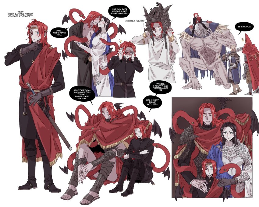 1girl 2boys armor black_footwear black_hair black_sclera blue_cape blush boots brown_footwear cape closed_eyes colored_sclera commentary couple elden_ring elden_ring:_shadow_of_the_erdtree english_commentary english_text father_and_son giant helm helmet hetero heterochromia highres husband_and_wife if_they_mated long_hair messmer_the_impaler mother_and_son multiple_boys nozakikotaro4 one_eye_closed red_cape red_eyes red_hair red_snake rellana_twin_moon_knight robe sandals sitting snake speech_bubble sweatdrop sword toes weapon white_robe