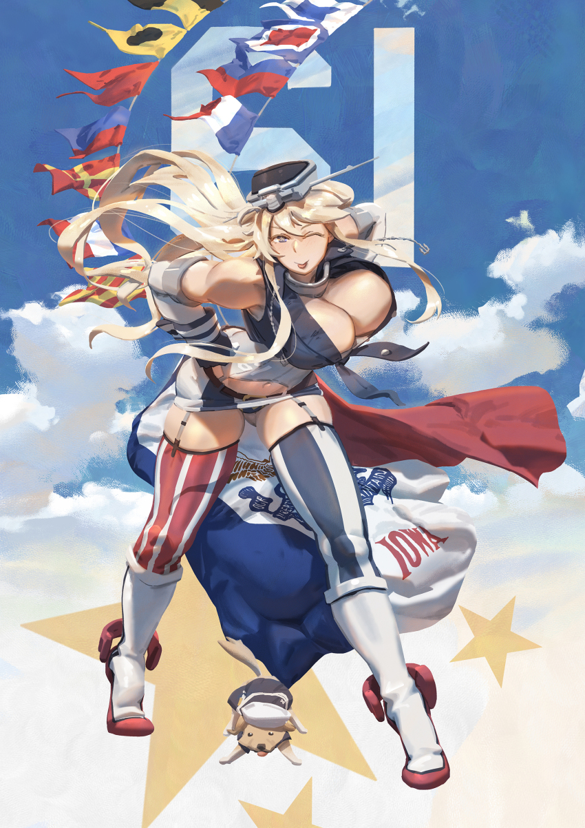 1girl absurdres american_flag american_flag_legwear american_flag_print blonde_hair blue_eyes blue_sky breasts cleavage cloud commentary dixie_cup_hat elbow_gloves english_commentary fingerless_gloves flag_print front-tie_top garter_straps gloves gluteal_fold hair_between_eyes hat headgear highres iowa_(kancolle) iowa_state_flag kantai_collection large_breasts long_hair looking_at_viewer military_hat signal_flag skirt sky smile star-shaped_pupils star_(symbol) striped_clothes striped_skirt striped_thighhighs symbol-shaped_pupils thighhighs tongue tongue_out vertical-striped_clothes vertical-striped_skirt vertical-striped_thighhighs victory_(dog) ye_fan