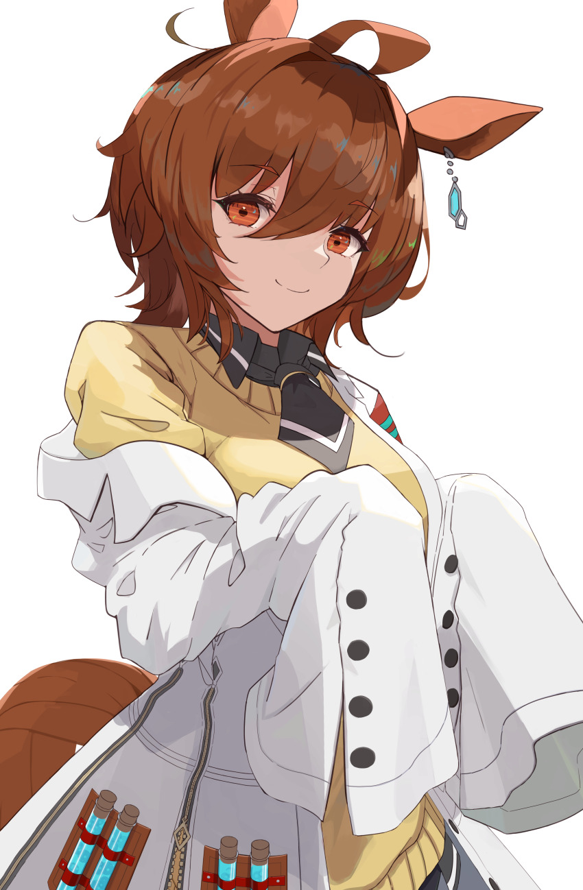 1girl absurdres agnes_tachyon_(umamusume) ahoge animal_ears black_necktie black_shirt brown_hair collared_shirt commentary_request earrings hair_between_eyes highres horse_ears horse_girl jewelry lab_coat long_sleeves looking_at_viewer madori_(madori151) necktie red_eyes shirt short_hair short_necktie simple_background single_earring sleeves_past_fingers sleeves_past_wrists smile solo sweater umamusume white_background yellow_sweater