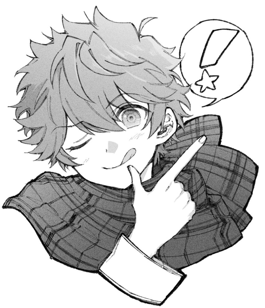 ! 1boy ahoge akehoshi_subaru closed_mouth ensemble_stars! fingernails furrowed_brow greyscale grid_print hand_up head_tilt highres licking_lips looking_at_viewer maki_keigo male_focus monochrome one_eye_closed portrait scarf short_hair simple_background solo speech_bubble tareme tongue tongue_out white_background
