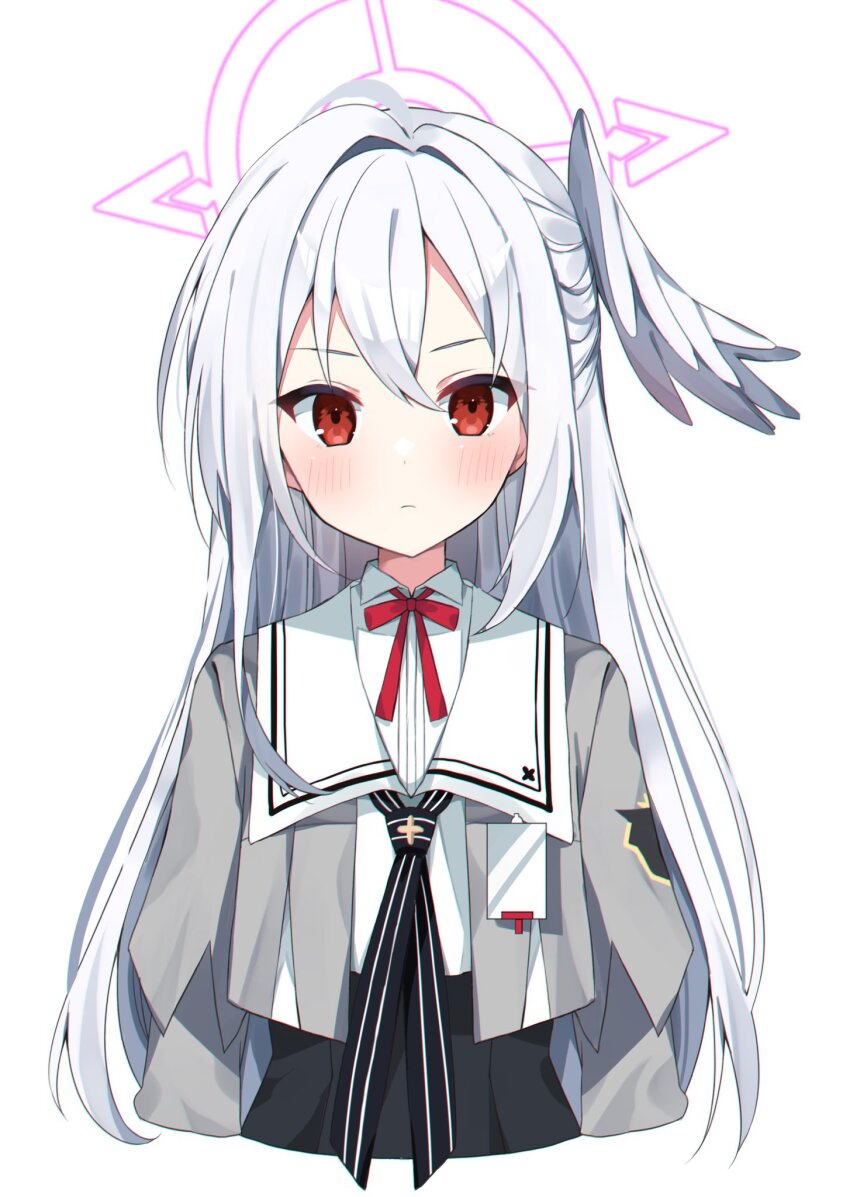 1girl blue_archive blush grey_hair highres long_hair murase48 red_eyes school_uniform simple_background solo suzumi_(blue_archive) twitter upper_body white_background