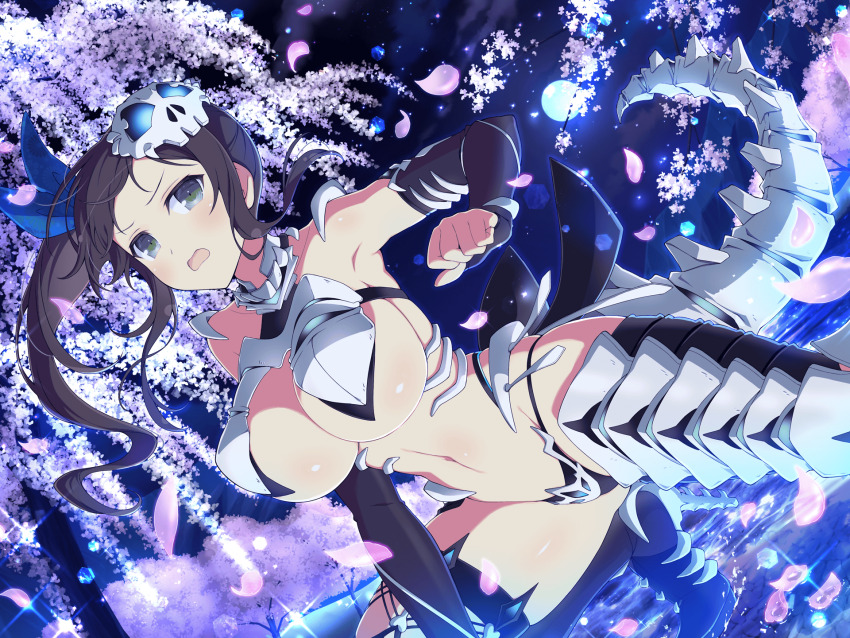 1girl arm_support armor armpits black_panties black_thighhighs blue_fire blush body_blush bone bone_armor bone_tail boots bow breasts brown_hair cherry_blossoms cherry_tree cleavage clenched_hand collarbone detached_sleeves embarrassed fire full-face_blush glowing glowing_eyes green_eyes groin hair_bow hair_ornament hair_ribbon high_heels highres lake large_breasts light_particles linea_alba long_hair looking_at_viewer mask mask_on_head murakumo_(senran_kagura) navel night night_sky official_alternate_costume official_art open_mouth panties plant revealing_clothes ribbon ribs senran_kagura senran_kagura_new_link senran_kagura_shinovi_versus shiny_skin side_ponytail sidelocks skeleton_costume skindentation skull skull_hair_ornament skull_mask skull_on_head sky solo sparkle squatting star_(sky) starry_sky stomach thigh_boots thighhighs thong tree underboob underwear water yaegashi_nan