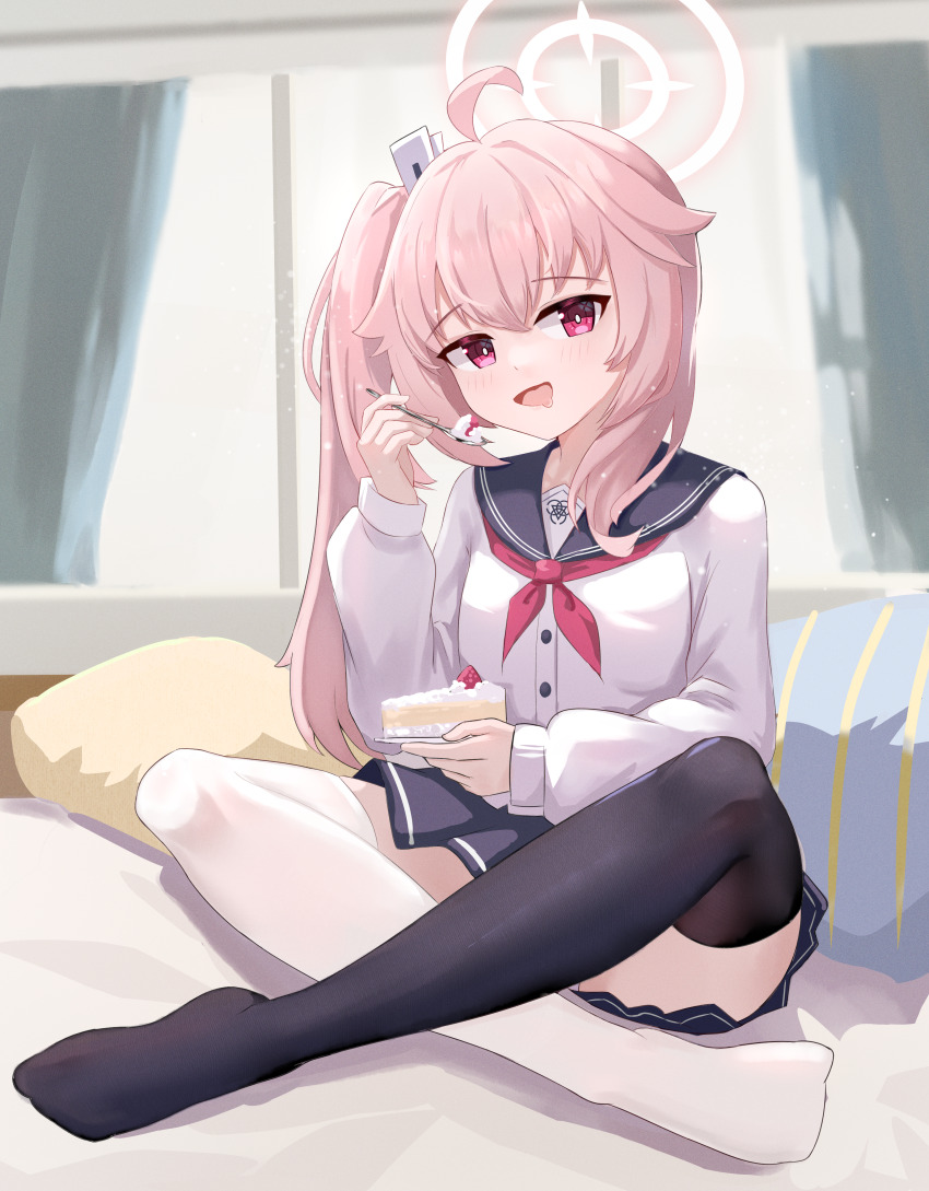 1girl :d absurdres ahoge asymmetrical_legwear black_sailor_collar black_skirt black_thighhighs blue_archive blush bright_pupils cake cake_slice cardigan chinese_commentary commentary convenient_leg drooling eating fine_fabric_emphasis food fruit full_body hair_between_eyes halo hand_up happy highres holding holding_spoon indian_style indoors long_hair long_sleeves looking_at_viewer miniskirt mismatched_legwear mixian mouth_drool natsu_(blue_archive) neckerchief no_shoes on_bed open_mouth pink_hair pink_halo pleated_skirt red_eyes red_neckerchief sailor_collar school_uniform serafuku side_ponytail sidelocks sitting skirt smile solo spoon strawberry thighhighs white_cardigan white_pupils white_thighhighs zettai_ryouiki