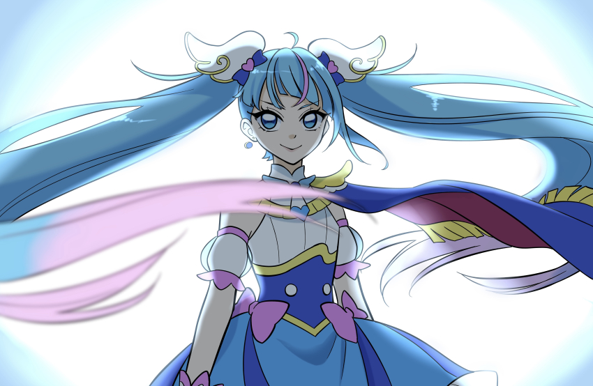 1girl absurdres backlighting blue_cape blue_dress blue_eyes blue_hair bow brooch cape closed_mouth cowboy_shot cure_sky cut_bangs detached_sleeves dress dress_bow earrings frilled_dress frills fringe_trim gloves gradient_hair hair_ornament highres hirogaru_sky!_precure jewelry kazami_(ababan-house) long_hair looking_at_viewer magical_girl medium_dress multicolored_hair pink_bow pink_hair precure precure_all_stars precure_all_stars_f puffy_detached_sleeves puffy_sleeves red_cape single_earring single_sidelock sleeveless sleeveless_dress smile solo sora_harewataru standing streaked_hair twintails two-sided_cape two-sided_fabric two-tone_dress two-tone_hair very_long_hair white_background white_dress white_gloves wind wing_brooch wing_hair_ornament