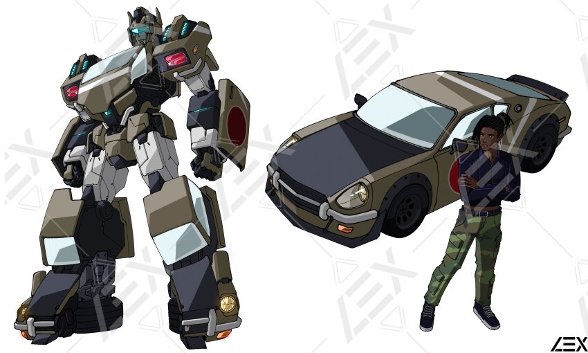 1boy absurdres assault_visor black_footwear black_hair brown_car brown_eyes car clenched_hands commentary commission crossed_arms dark-skinned_male dark_skin datsun datsun_240z dreadlocks english_commentary expressionless green_pants highres lextodrawstuff looking_to_the_side mecha motor_vehicle multiple_views nissan nissan_fairlady_z original pants robot science_fiction shadow shoes sneakers sports_car transformers watermark white_background