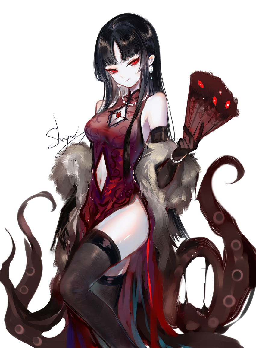 1girl artist_name black_gloves black_hair black_thighhighs breasts china_dress chinese_clothes clothing_cutout commentary cthulhu_mythos dress earrings elbow_gloves feather_boa gloves highres holding jewelry long_hair looking_at_viewer medium_breasts navel navel_cutout original red_dress red_eyes sheya signature sleeveless sleeveless_dress smile solo tentacles thighhighs thighs very_long_hair