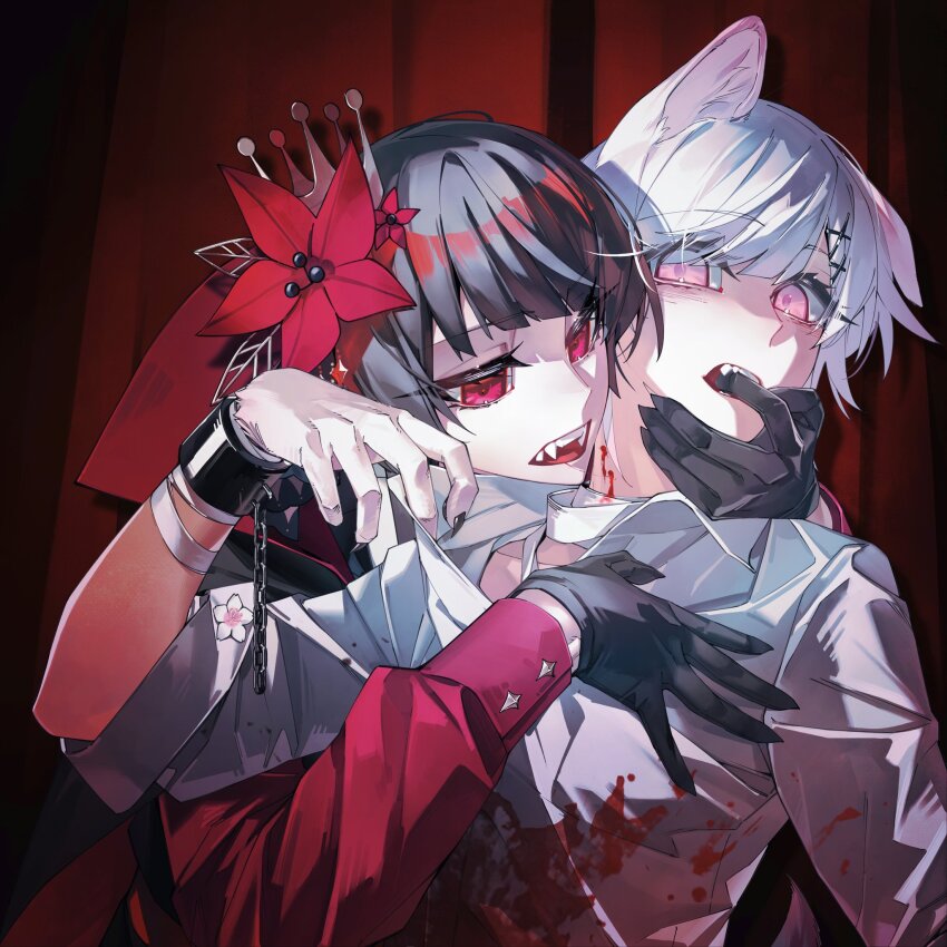 2girls animal_ears bite_mark bite_mark_on_neck black_cape black_gloves black_hair black_nails blood blood_on_clothes blood_on_neck cape collared_shirt dog_ears fangs finger_in_another&#039;s_mouth flower gloves hair_flower hair_ornament highres long_hair mahou_shoujo_no_majo_saiban multiple_girls nikaido_hiro pink_eyes red_cape red_eyes red_flower red_shirt sakuraba_ema shirt shouzuo two-sided_cape two-sided_fabric vampire white_flower white_hair white_shirt yuri