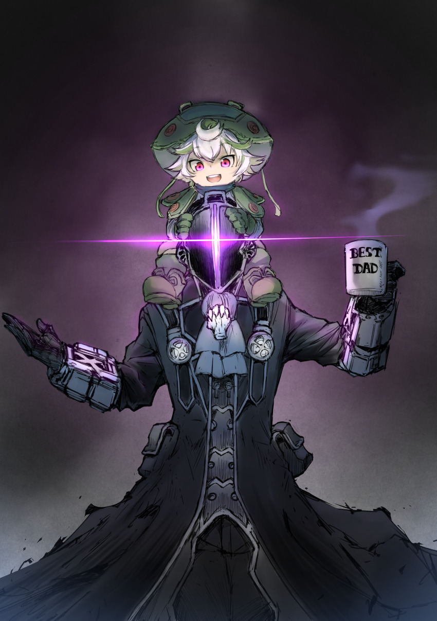 1boy 1girl :d absurdres ascot black_background black_gloves bondrewd boots cape carrying cup doodlerush english_text father_and_daughter gloves glowing green_footwear green_gloves green_hair hand_up helmet highres long_sleeves looking_at_viewer made_in_abyss meme mug mug_writing multicolored_hair open_mouth pink_eyes prushka short_hair shoulder_carry smile standing two-tone_hair whistle white_hair