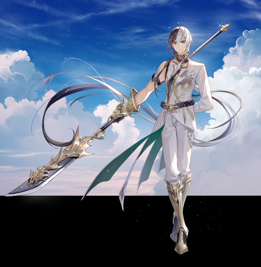 1boy ahoge arm_behind_back armlet armored_boots belt black_belt black_hair blue_sky boots cloud commentary crossed_ankles dragon_print fantasy floating_hair full_body gauntlets green_eyes guan_dao highres holding holding_polearm holding_weapon jacket jewelry light_particles long_hair looking_at_viewer male_focus multicolored_hair official_art pants polearm print_jacket single_gauntlet single_sleeve sky solo split-color_hair standing straight-on tidsean very_long_hair vocaloid vsinger_(vocaloid) weapon white_hair white_jacket white_pants yuezheng_longya