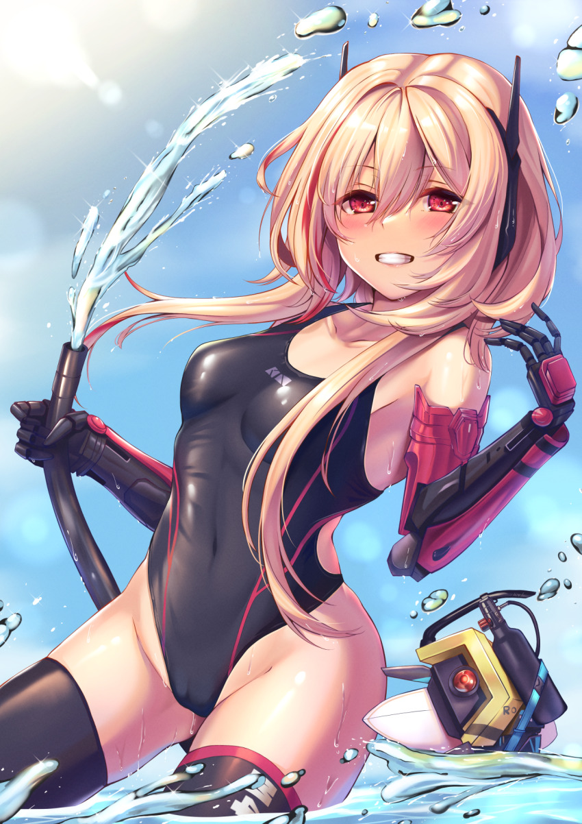 1girl banana_(girls&#039;_frontline) black_one-piece_swimsuit black_thighhighs blonde_hair blue_sky breasts cloud collarbone competition_swimsuit covered_navel day girls&#039;_frontline headgear highleg highleg_one-piece_swimsuit highres holding holding_hose hose long_hair m4_sopmod_ii_(girls&#039;_frontline) mechanical_arms multicolored_hair multicolored_swimsuit one-piece_swimsuit outdoors red_eyes red_hair red_one-piece_swimsuit sky small_breasts solo streaked_hair swimsuit thighhighs wading water xlscaler