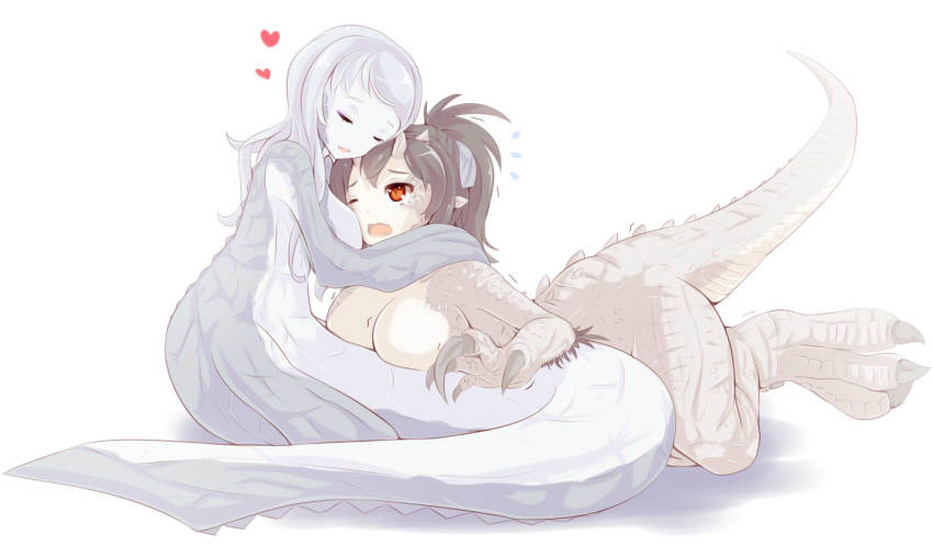 2girls black_hair breasts claws closed_eyes dinosaur dunceneygak fang fangs flying_sweatdrops heart hug indominus_rex jurassic_park jurassic_world large_breasts long_hair monster_girl mosasaur mosasaurus multiple_girls nude one_eye_closed orange_eyes personification scales shadow sharp_teeth silver_hair simple_background spikes tail tears teeth trembling white_background yuri