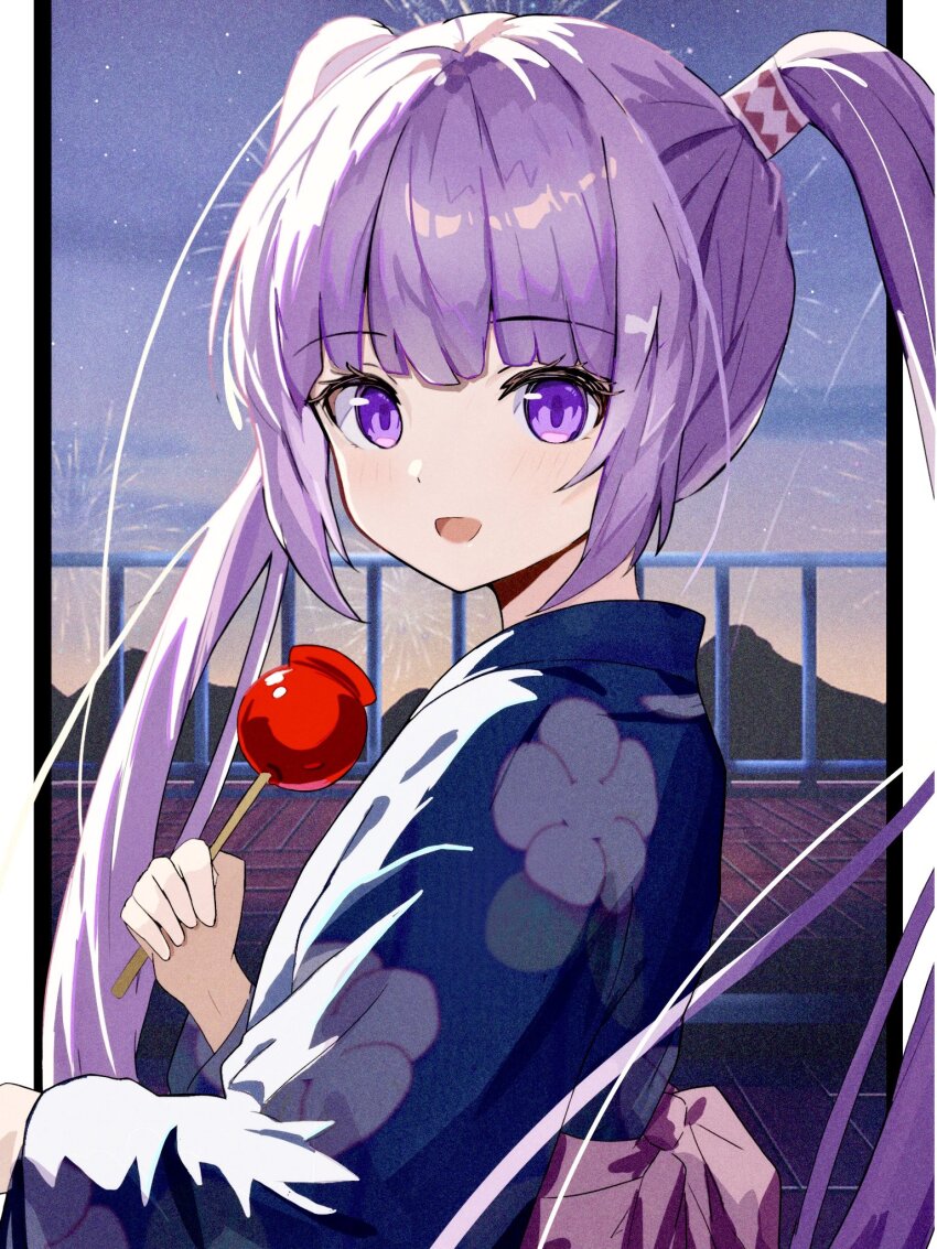 1girl 7wxhuxh :d candy candy_apple commentary_request dot_nose fence floral_print floral_print_kimono food highres holding holding_candy holding_food japanese_clothes kimono looking_at_viewer open_mouth outside_border pillarboxed print_kimono purple_eyes purple_hair smile solo sophie_(tales) tales_of_(series) tales_of_graces twintails