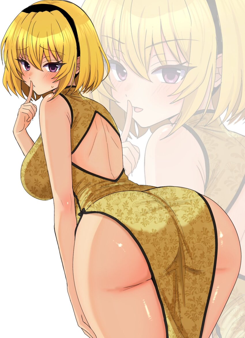 1girl ass bare_shoulders black_hairband blonde_hair blush breasts china_dress chinese_clothes dress finger_to_mouth hairband highres higurashi_no_naku_koro_ni houjou_satoko large_breasts looking_at_viewer medium_hair print_dress purple_eyes shushing side_slit simple_background sleeveless sleeveless_dress solo white_background yellow_dress yuno_ff