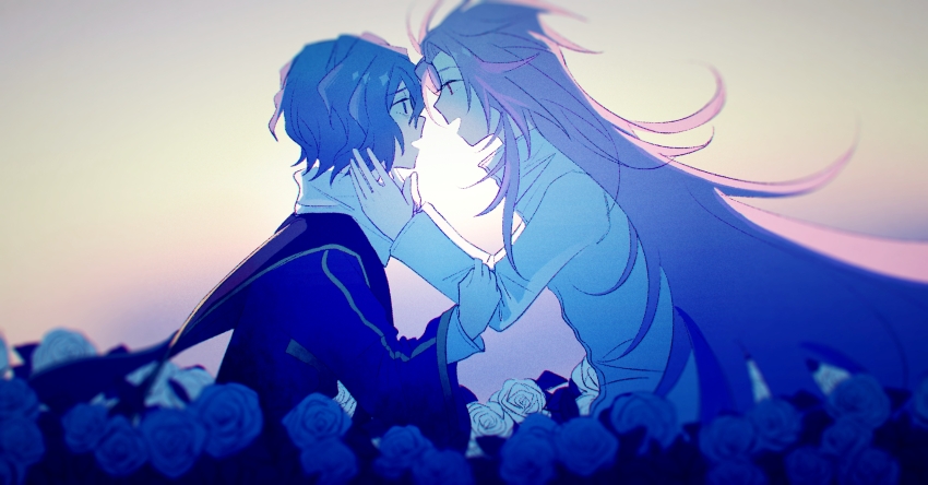 2boys absurdres blue_eyes blue_hair blue_jacket film_grain flower from_side gold_trim hai_(1210080) hand_on_another&#039;s_arm hands_on_another&#039;s_neck hatsutori_hajime highres jacket long_hair long_sleeves male_focus multiple_boys open_mouth pink_hair red_eyes rose saibou_shinkyoku shirt short_hair smile stole utsugi_noriyuki white_flower white_rose white_shirt wide_sleeves