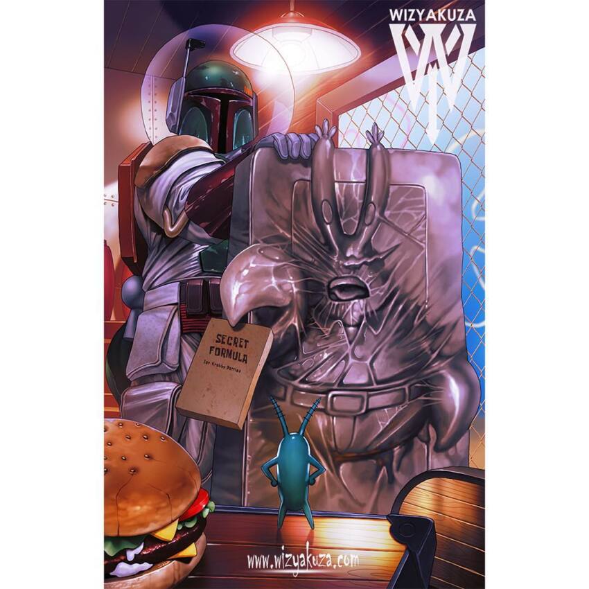 1boy artist_logo artist_name boba_fett burger commentary crossover english_commentary food gloves glowing grey_gloves helmet holding indoors letterboxed logo mandalorian_helmet mr._krabs petrification plankton_(spongebob) spacesuit spongebob_squarepants_(series) star_wars watermark web_address wizyakuza